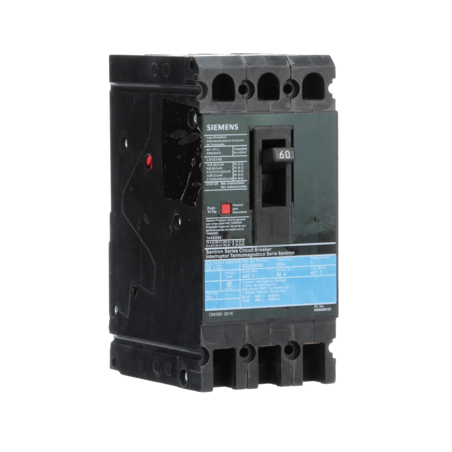 Siemens ED43B060L Circuit Breaker | 480V 60A 3P 18kA@480V Feed-Thru Sentron Series