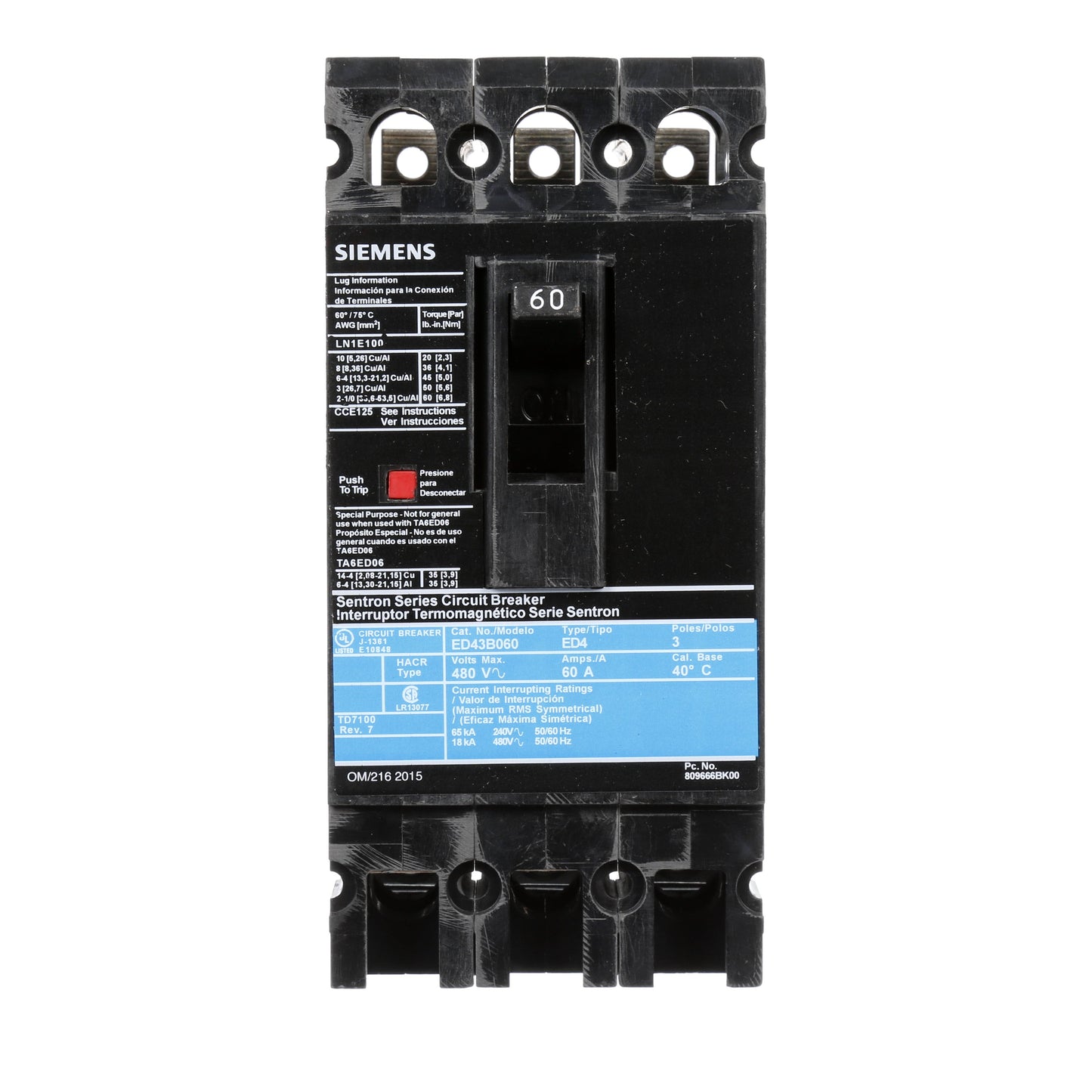 Siemens ED43B060 Circuit Breaker | 480V 60A 3P 18kA@480V Lug In Panelboard Sentron Series