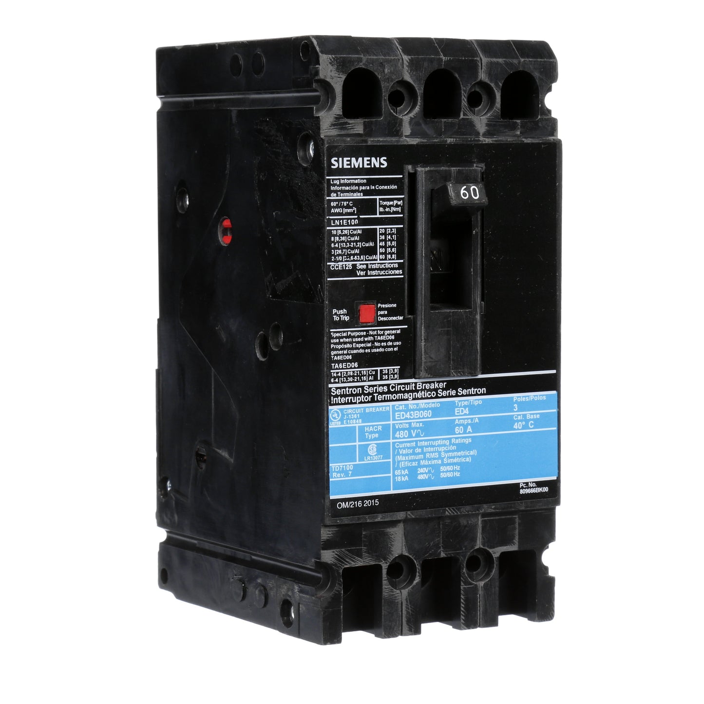 Siemens ED43B060 Circuit Breaker | 480V 60A 3P 18kA@480V Lug In Panelboard Sentron Series