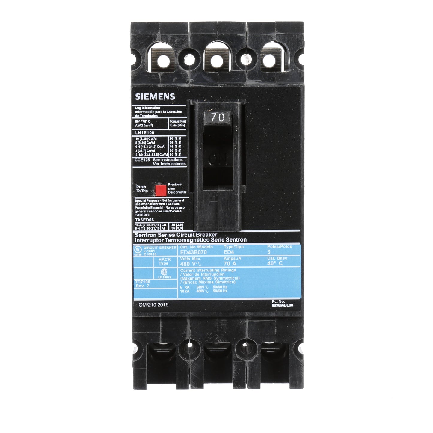 Siemens ED43B070 Circuit Breaker | 480V 70A 3P 18kA@480V Lug In Panelboard Sentron Series