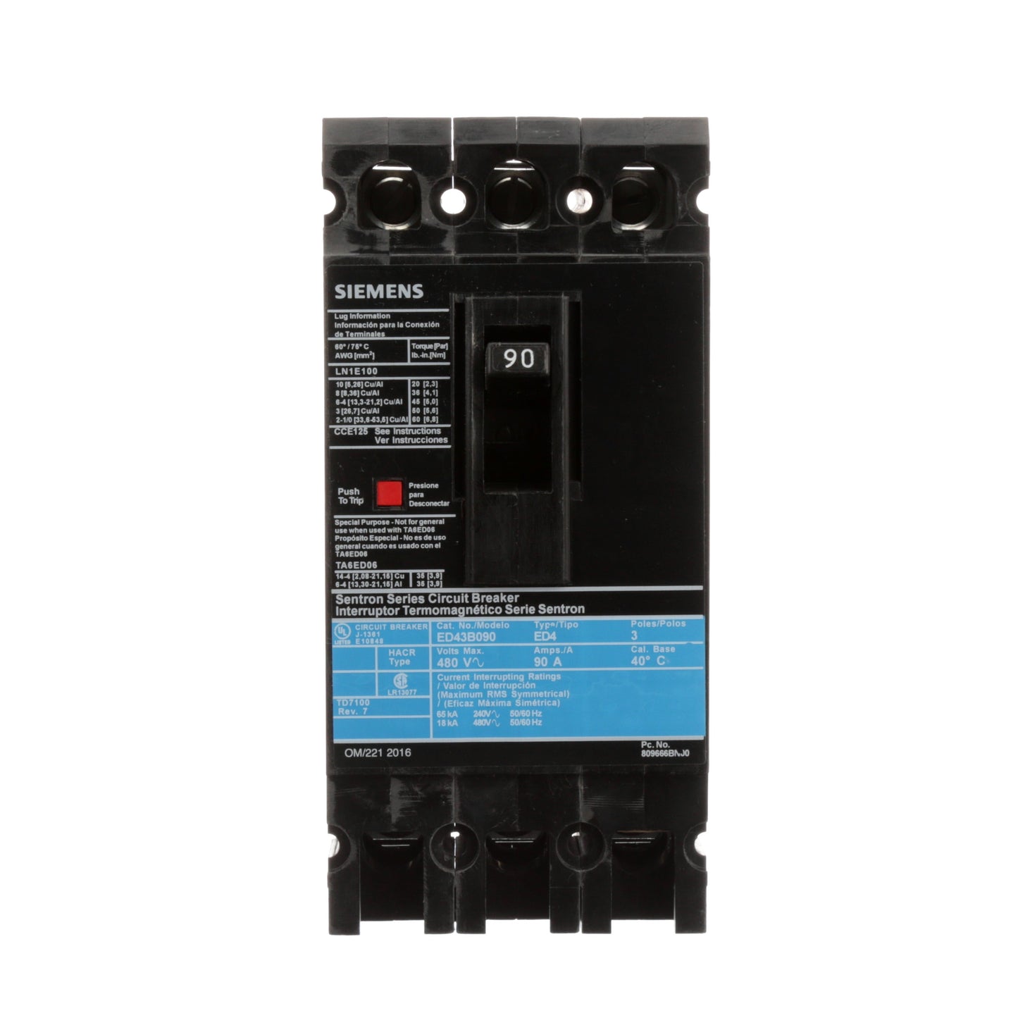 Siemens ED43B090L Circuit Breaker | 480V 90A 3P 18kA@480V Feed-Thru Sentron Series