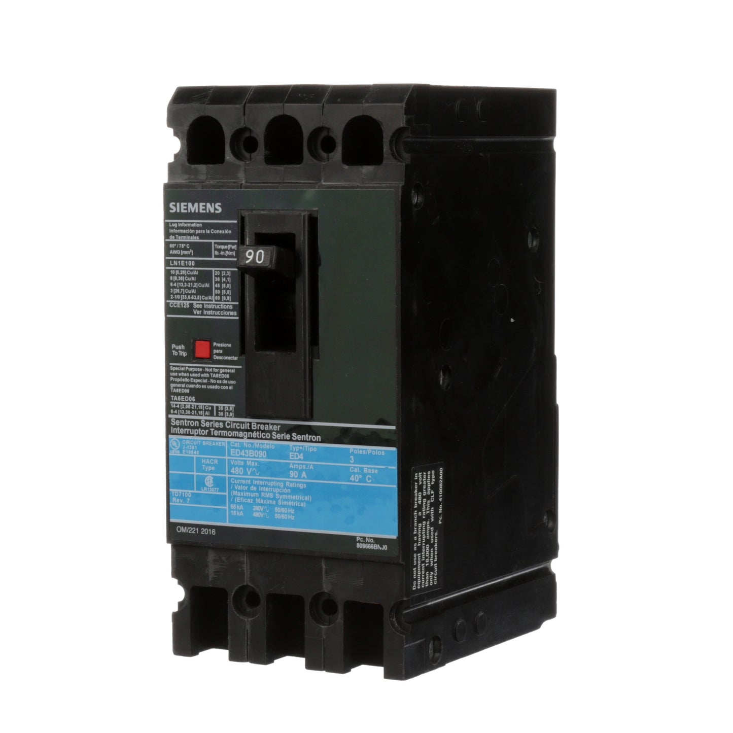 Siemens ED43B090L Circuit Breaker | 480V 90A 3P 18kA@480V Feed-Thru Sentron Series