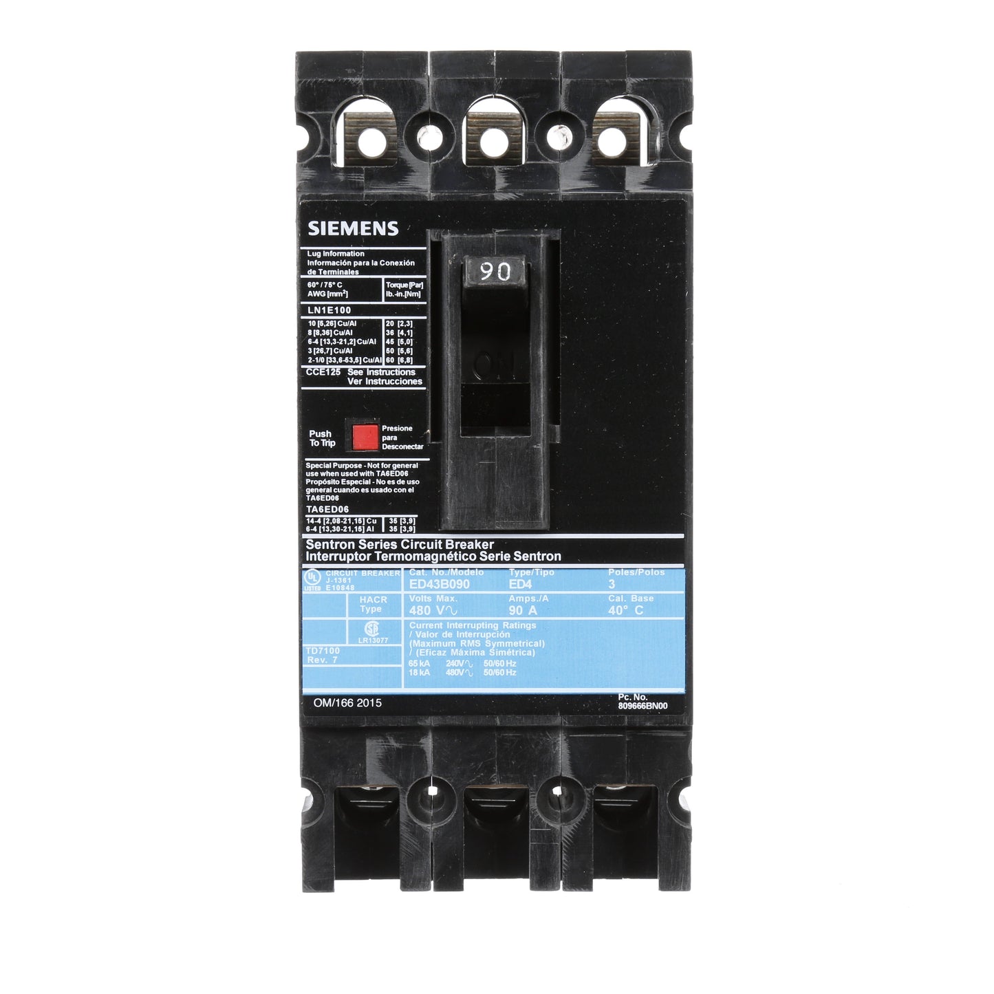 Siemens ED43B090 Circuit Breaker | 480V 90A 3P 18kA@480V Lug In Panelboard Sentron Series