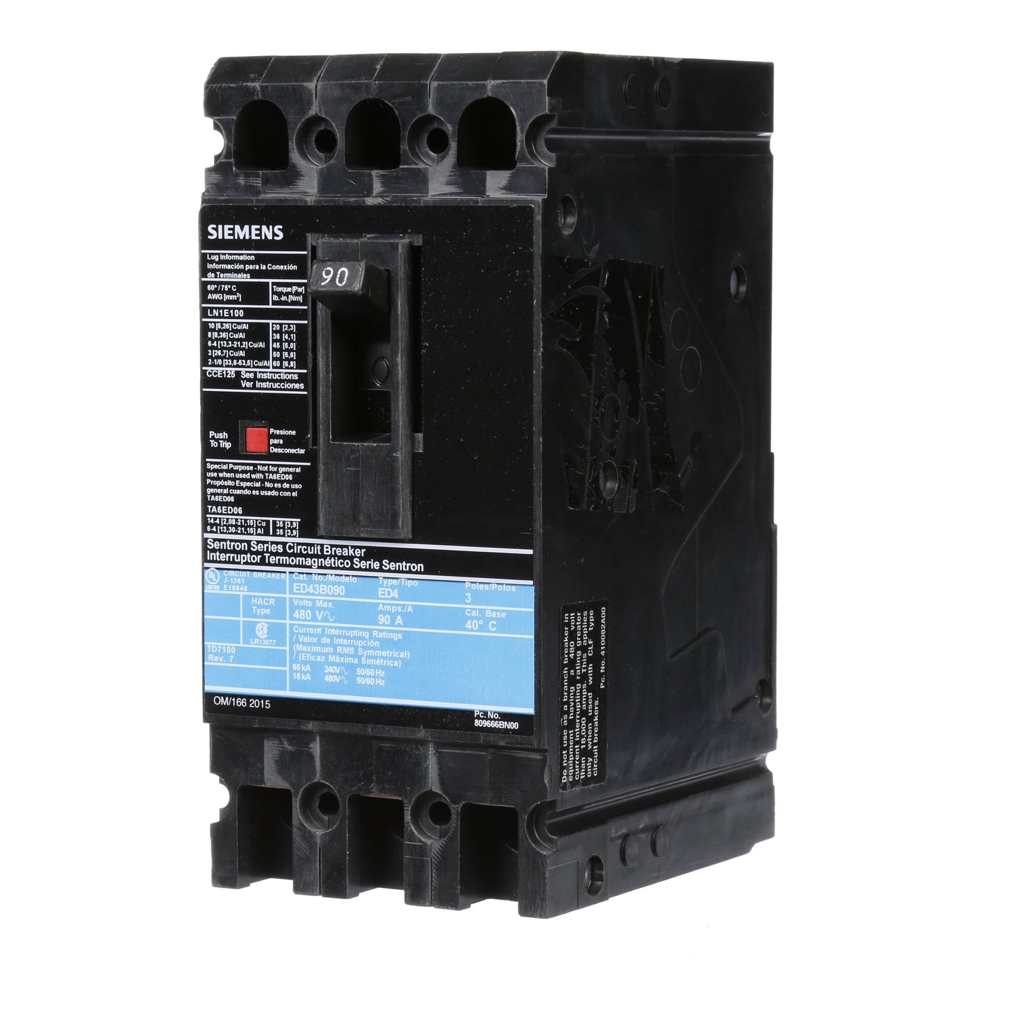 Siemens ED43B090 Circuit Breaker | 480V 90A 3P 18kA@480V Lug In Panelboard Sentron Series