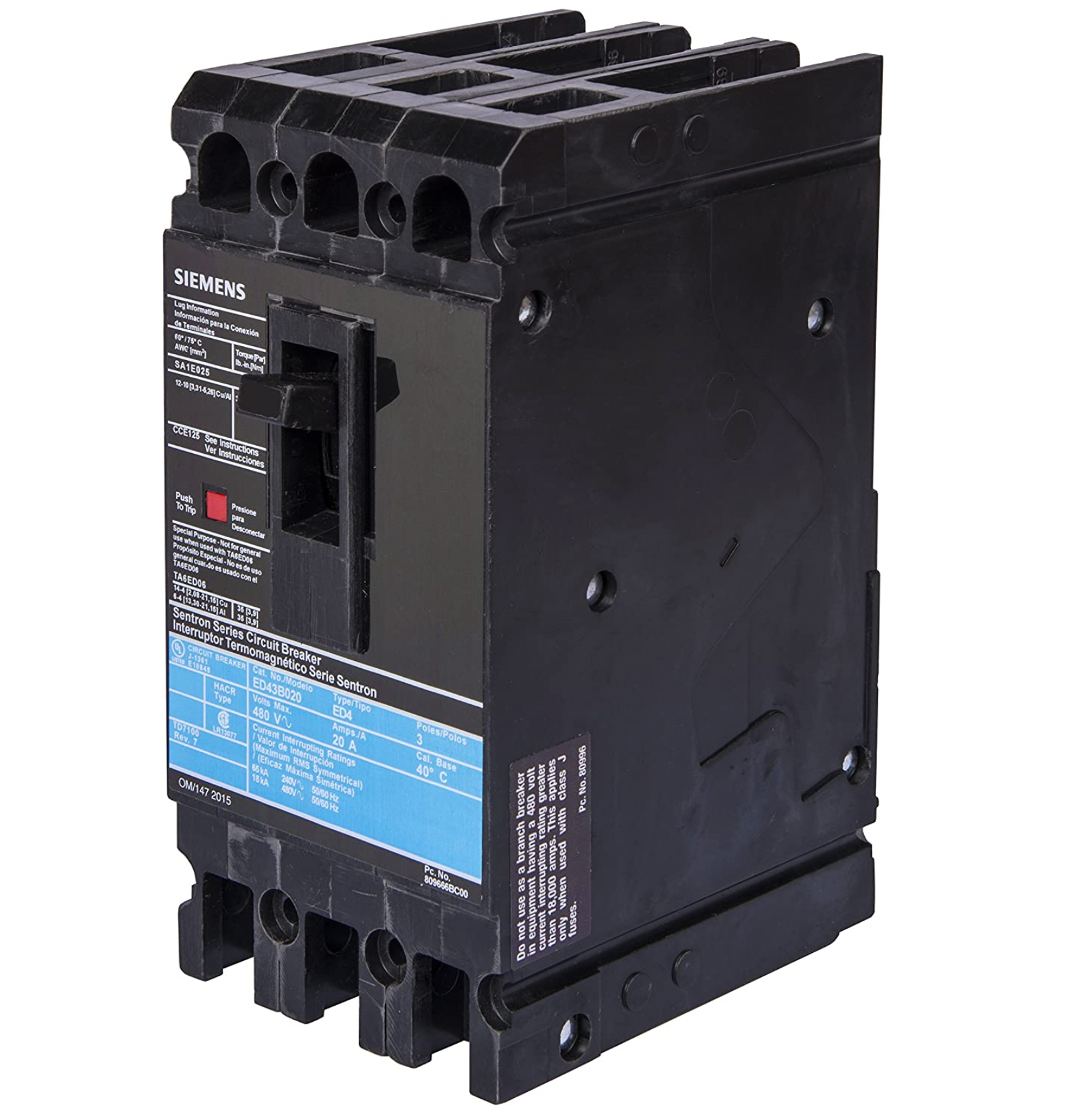 ED43B100 - SIemens Bolt-On 100 Amp 3 Pole Circuit Breaker - Essential Electric Supply