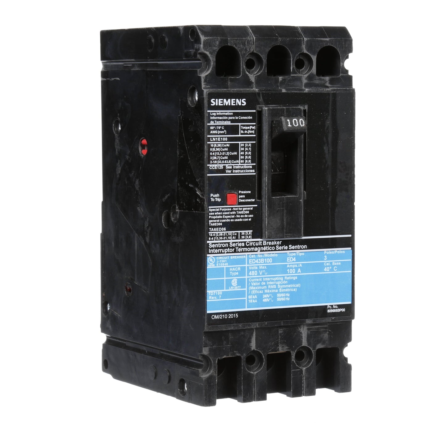 Siemens ED43B100 Circuit Breaker | 480V 100A 3P 18kA@480V Lug In Panelboard Sentron Series
