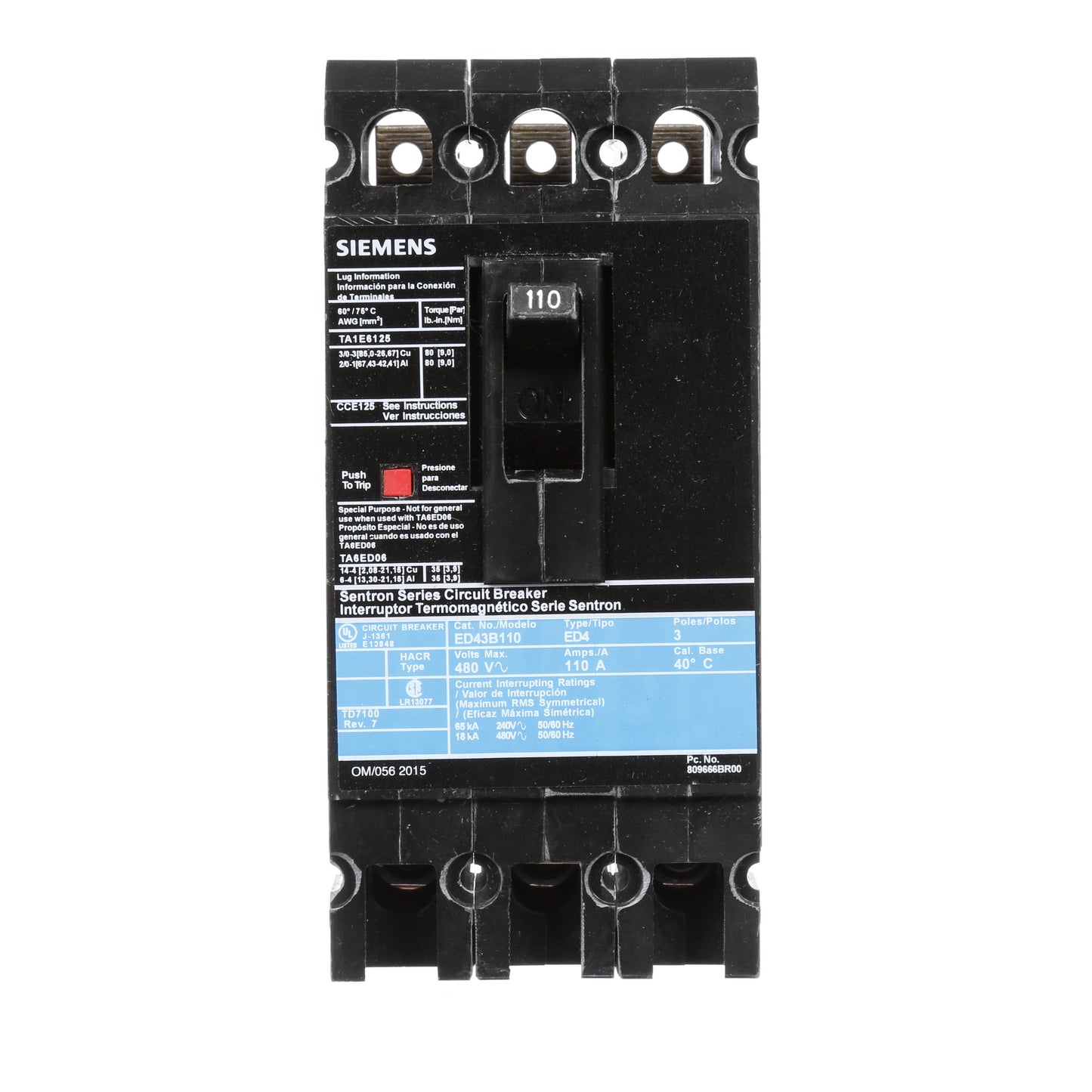 Siemens ED43B110 Circuit Breaker | 480V 110A 3P 18kA@480V Lug In Panelboard Sentron Series