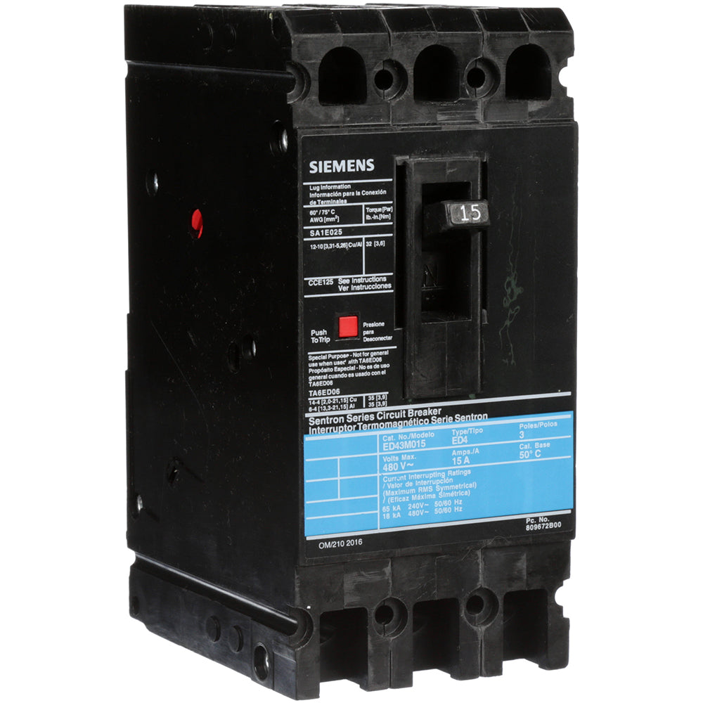 Siemens ED43M015 Circuit Breaker | 480V 15A 3P 18kA@480V Bolt-On