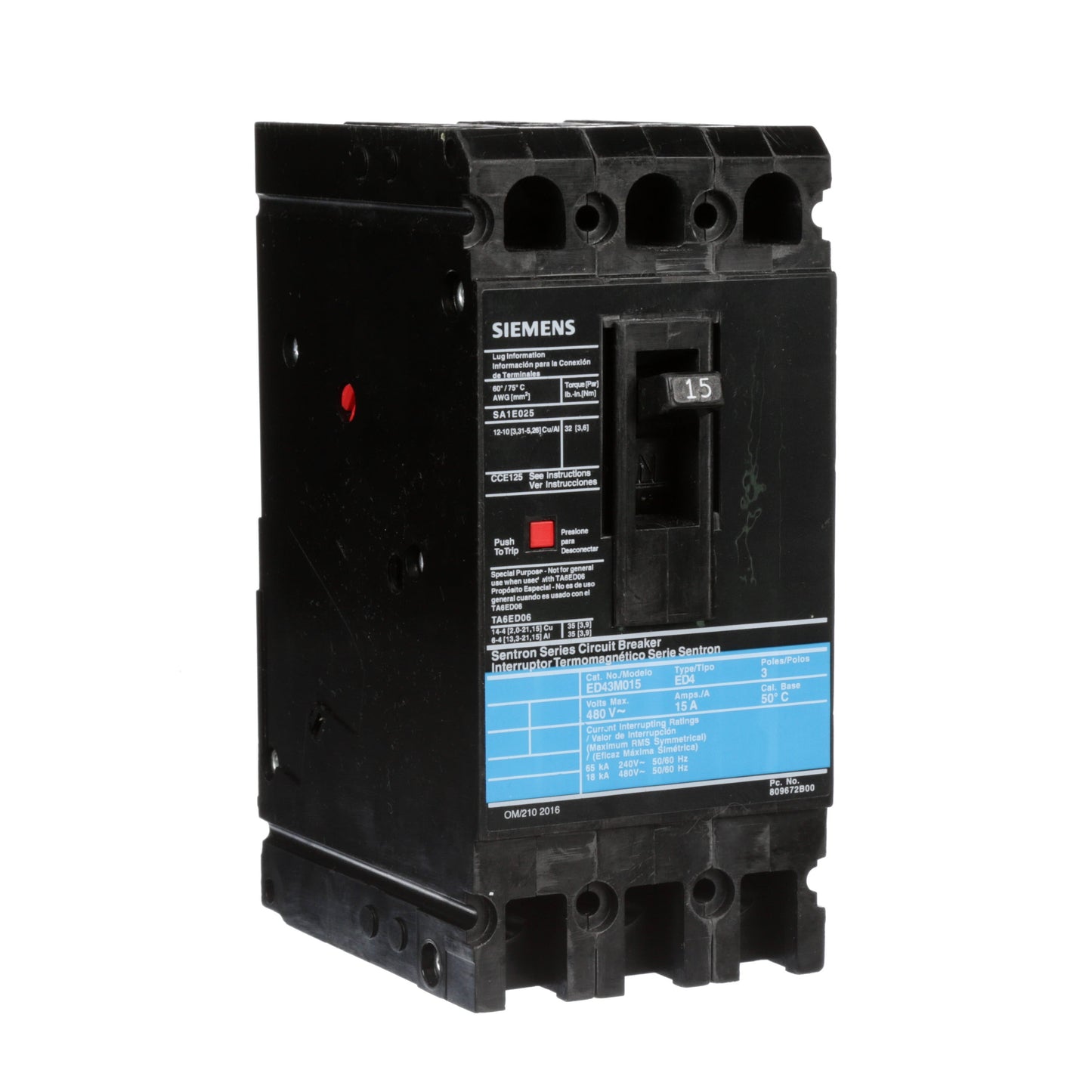 Siemens ED43M015 Circuit Breaker | 480V 15A 3P 18kA@480V Bolt-On