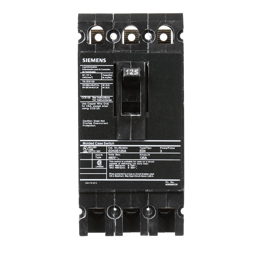 Siemens ED43S100A Circuit Breaker | 480V 100A 3P 18kA@480V Bolt-On Sentron Series