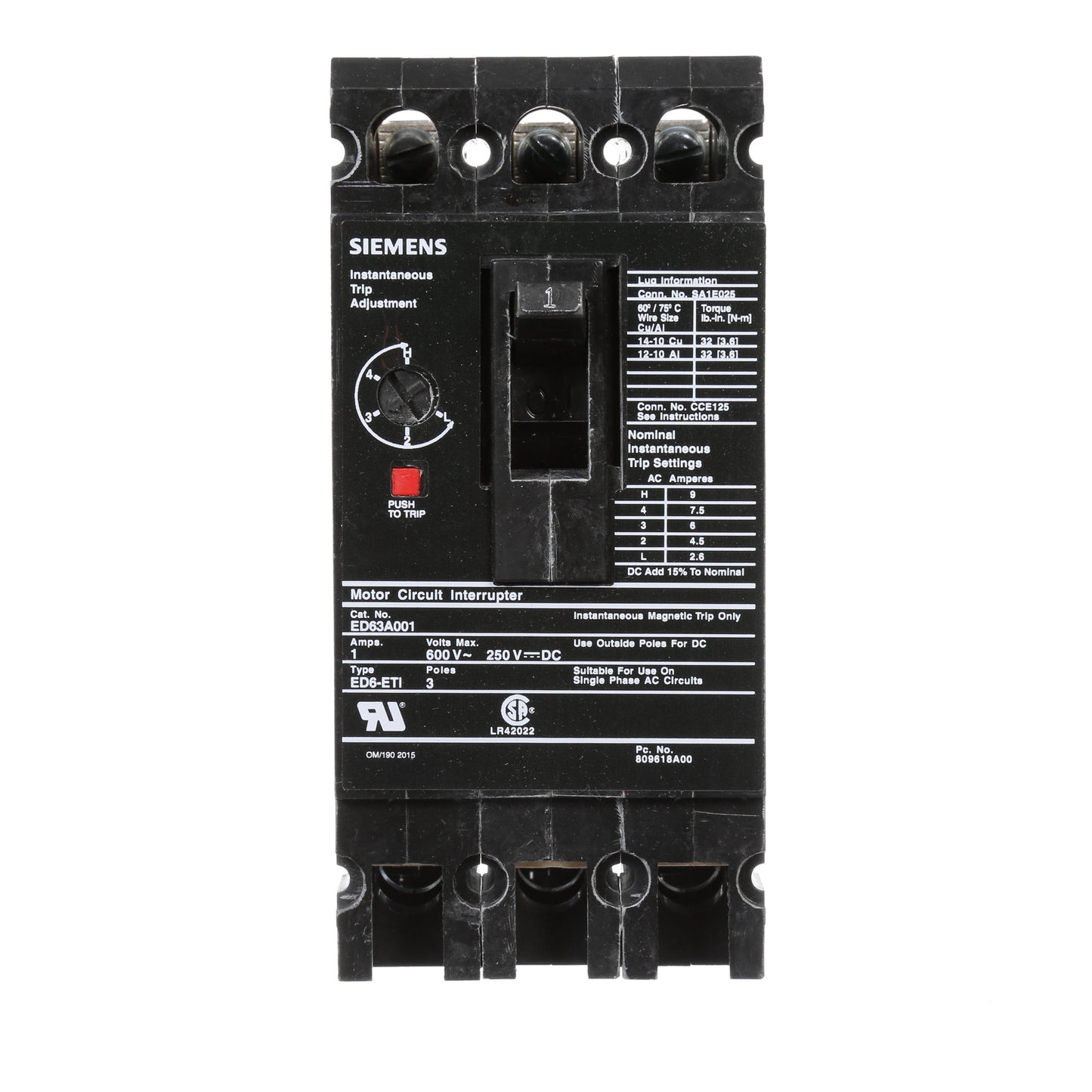 Siemens ED63A001 Circuit Breaker | 600V 1A 3P 25kA@480V Bolt-On Sentron Series