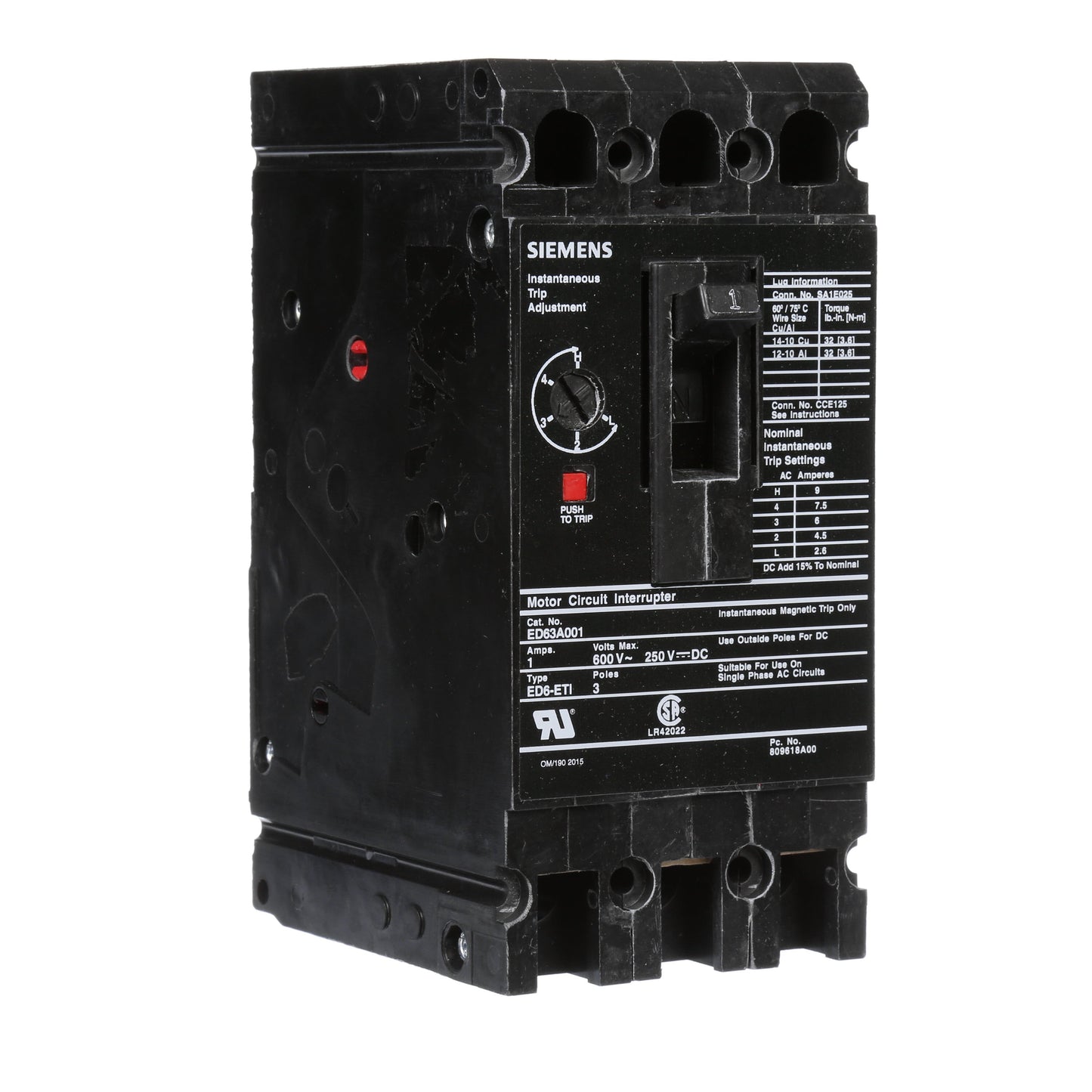 Siemens ED63A001 Circuit Breaker | 600V 1A 3P 25kA@480V Bolt-On Sentron Series