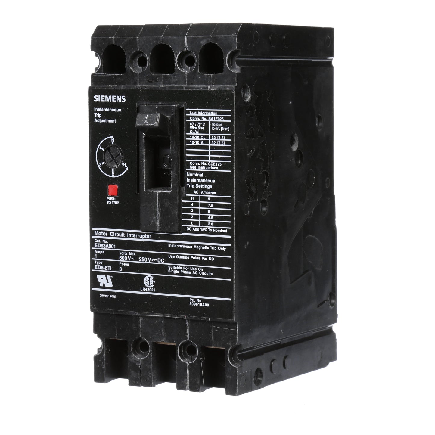 Siemens ED63A001 Circuit Breaker | 600V 1A 3P 25kA@480V Bolt-On Sentron Series