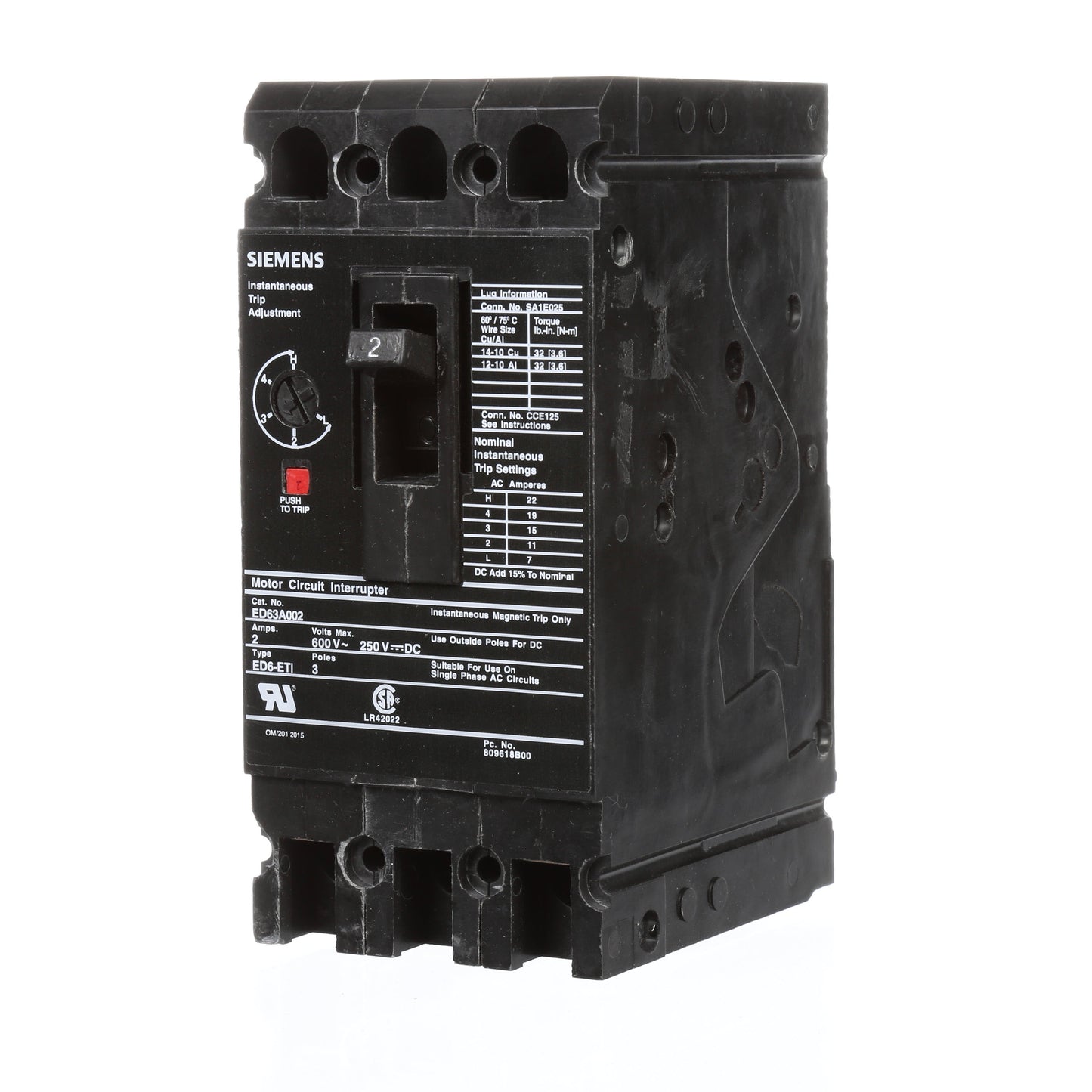 Siemens ED63A002 Circuit Breaker | 600V 2A 3P 25kA@480V Bolt-On Sentron Series