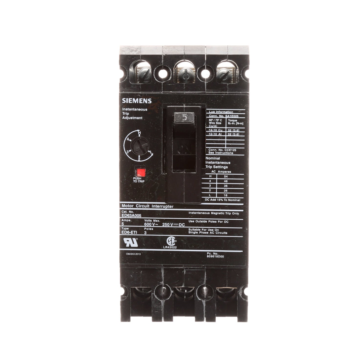 Siemens ED63A005 Circuit Breaker | Sentron Series ED 600V 5A