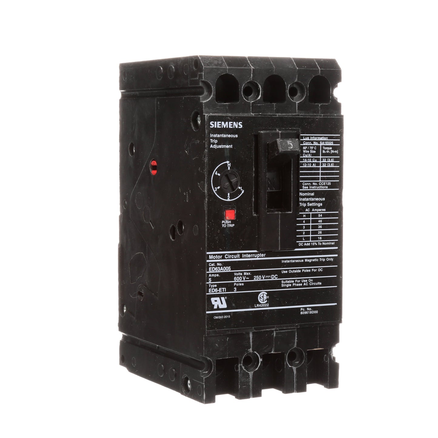 Siemens ED63A005 Circuit Breaker | Sentron Series ED 600V 5A