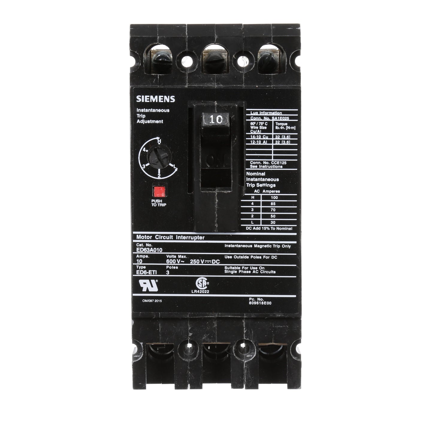 Siemens ED63A010 Circuit Breaker | 600V 10A 3P 25kA@480V Bolt-On Sentron Series