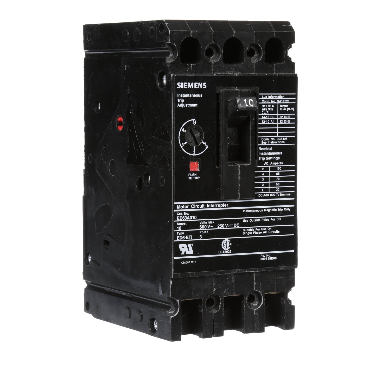 Siemens ED63A010 Circuit Breaker | 600V 10A 3P 25kA@480V Bolt-On Sentron Series