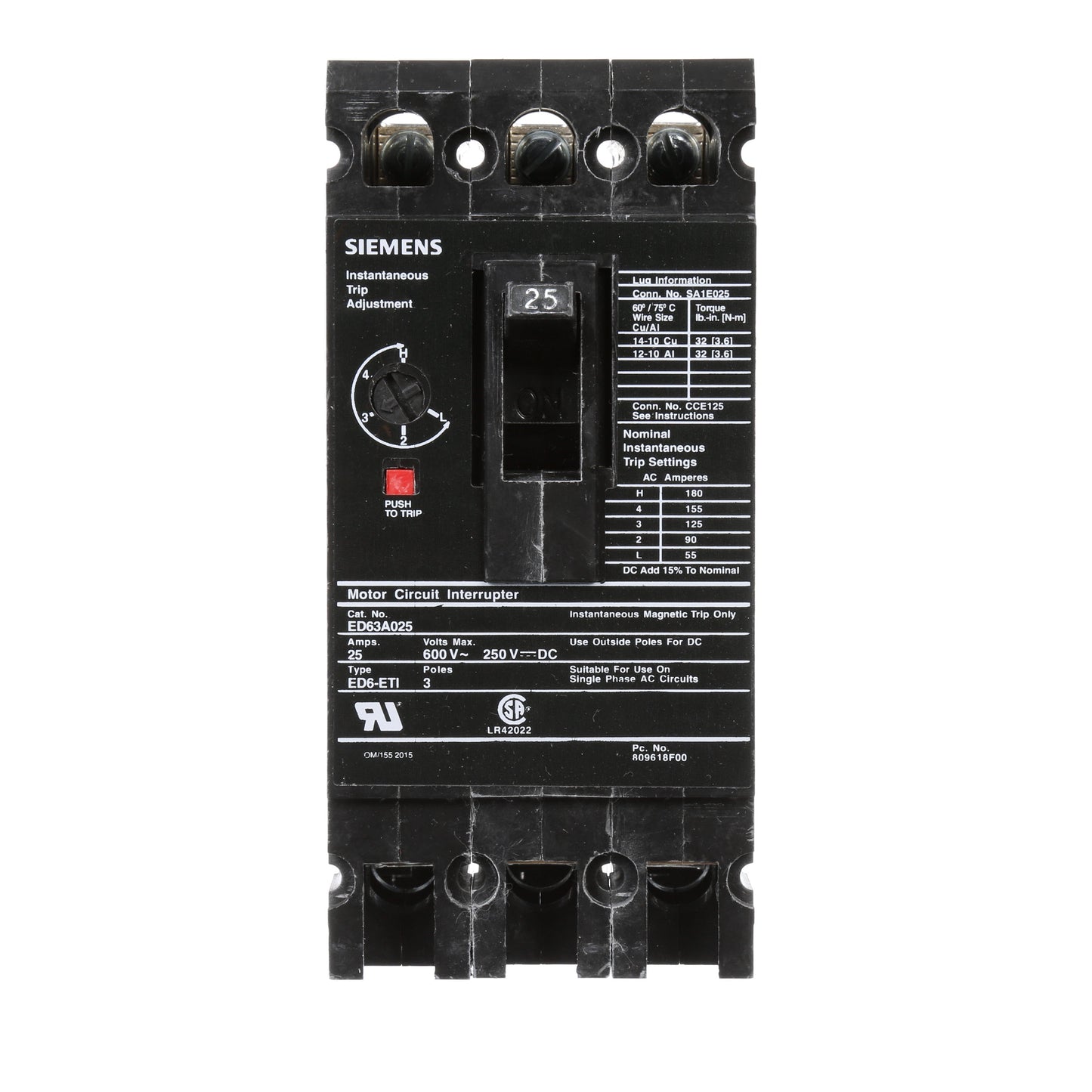Siemens ED63A025 Circuit Breaker | 600V 25A 3P 25kA@480V Bolt-On Sentron Series