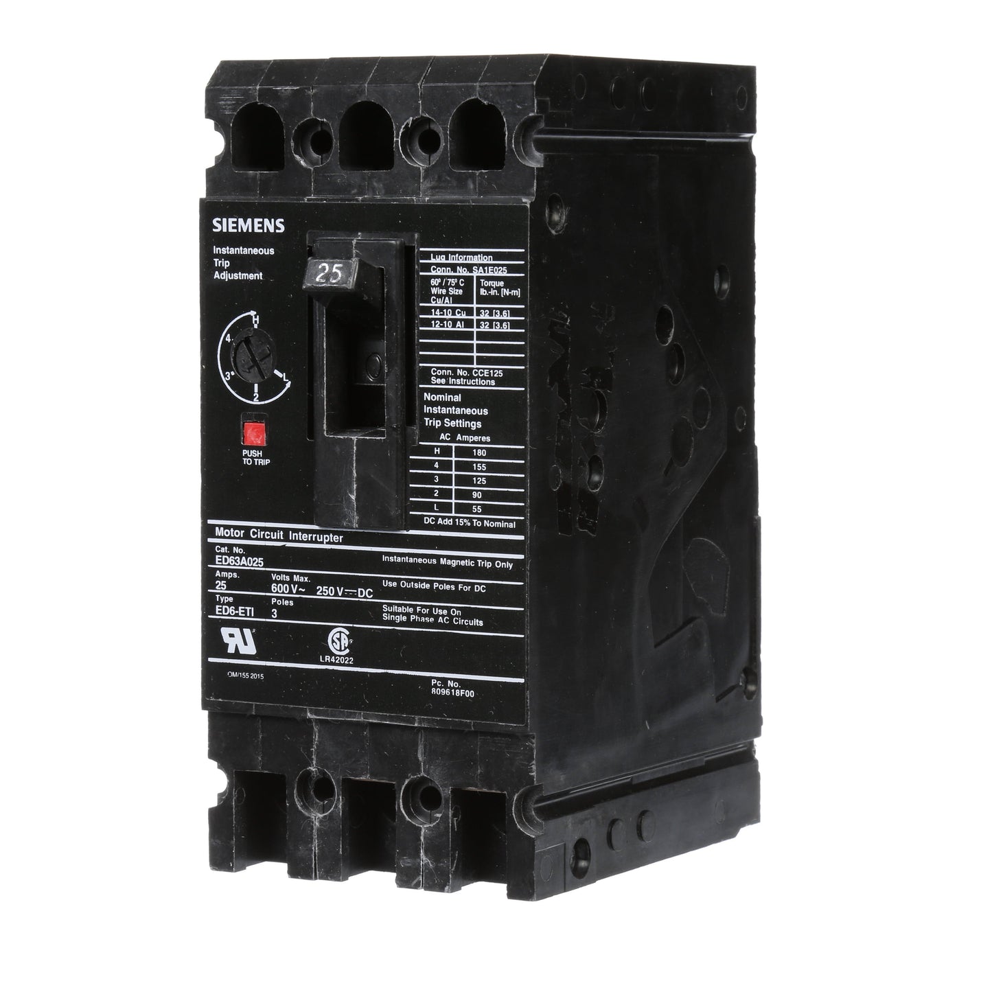 Siemens ED63A025 Circuit Breaker | 600V 25A 3P 25kA@480V Bolt-On Sentron Series