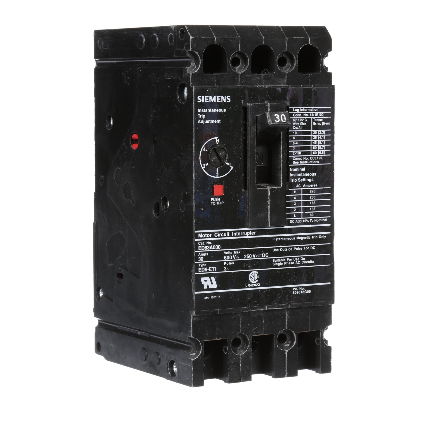 Siemens ED63A030 Circuit Breaker | 600V 30A 3P 25kA@480V Bolt-On Sentron Series