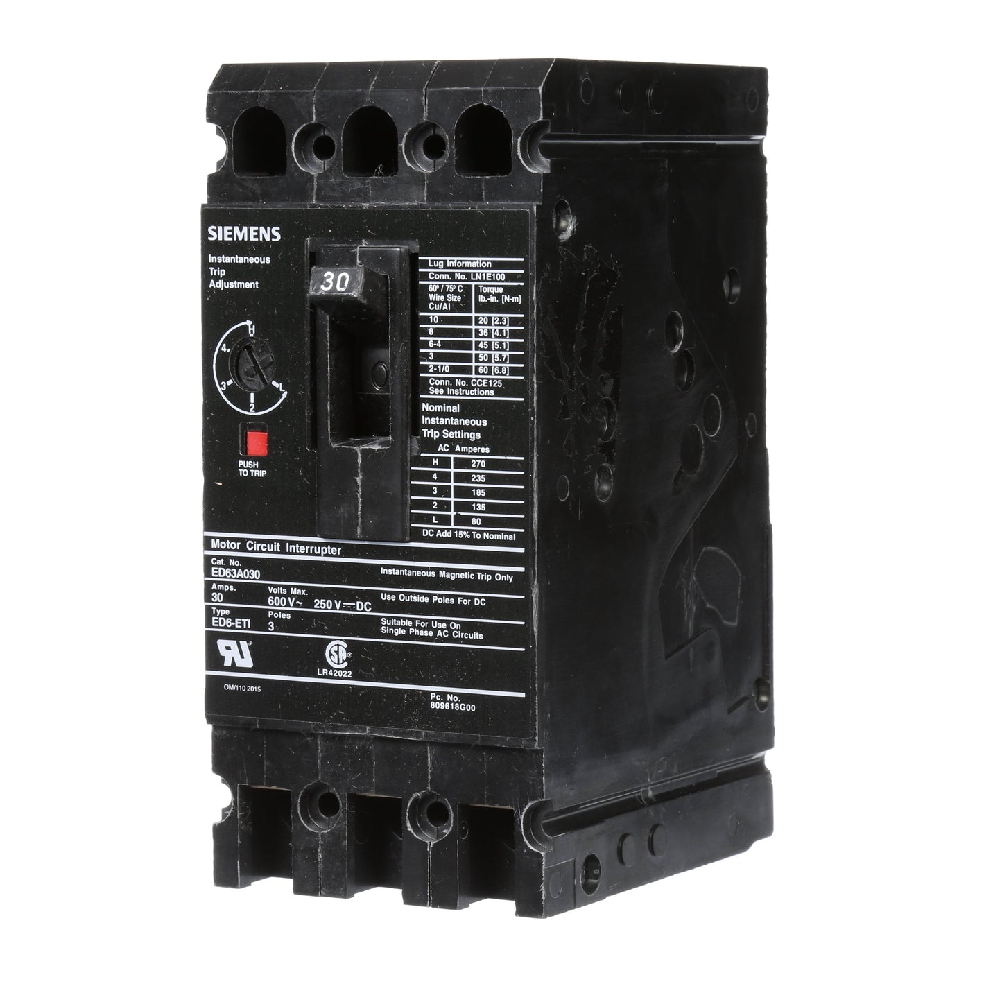 Siemens ED63A030 Circuit Breaker | 600V 30A 3P 25kA@480V Bolt-On Sentron Series