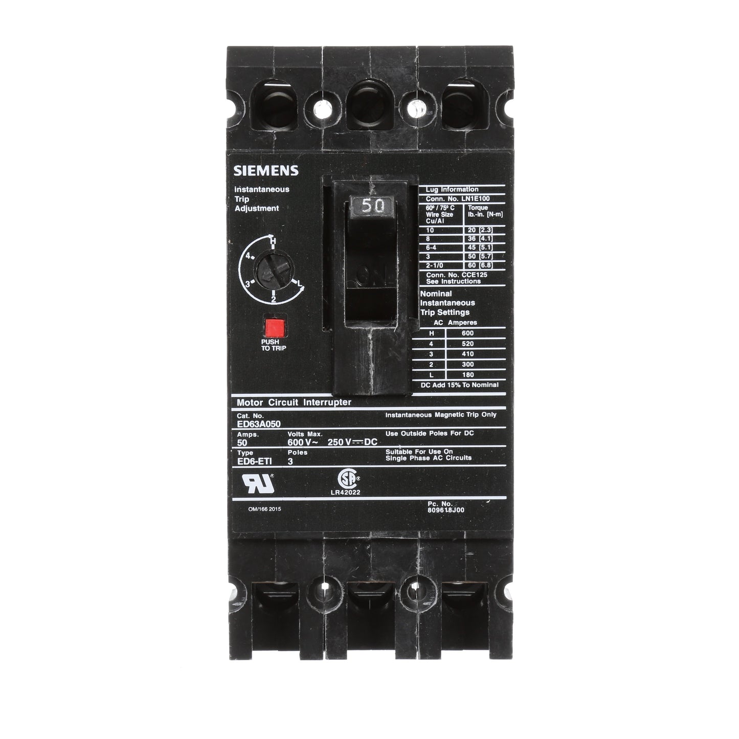 Siemens ED63A050 Molded Case Circuit Breaker | 600V 50A 3P 25kA@480V Bolt-On Sentron Series