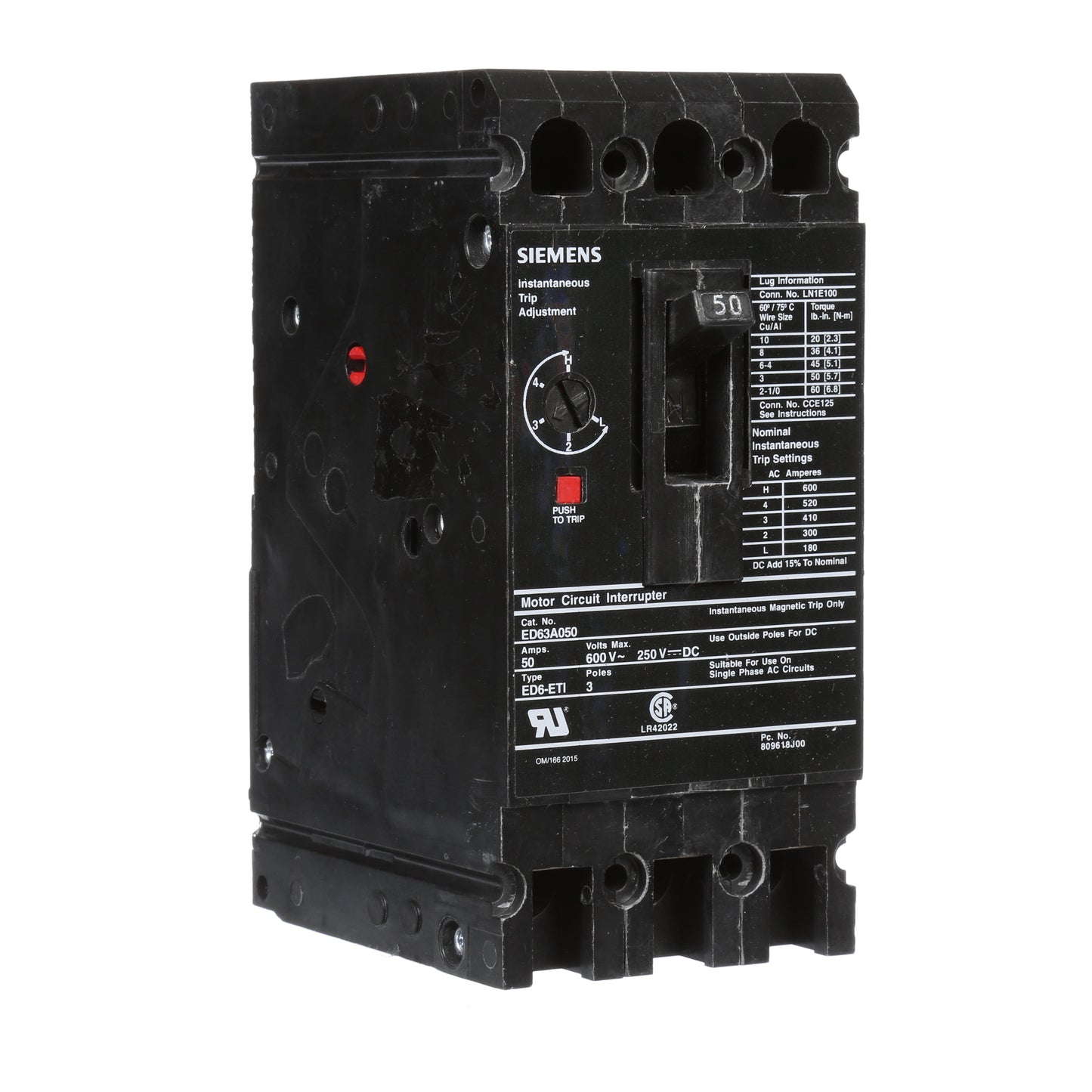 Siemens ED63A050 Molded Case Circuit Breaker | 600V 50A 3P 25kA@480V Bolt-On Sentron Series
