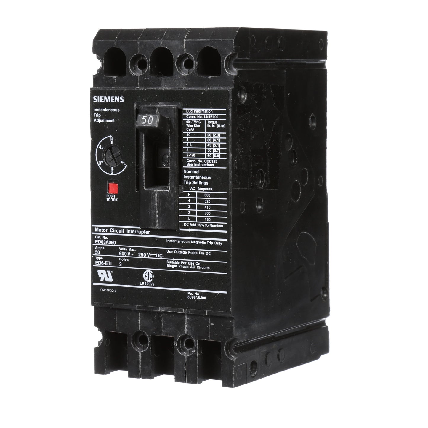 Siemens ED63A050 Molded Case Circuit Breaker | 600V 50A 3P 25kA@480V Bolt-On Sentron Series