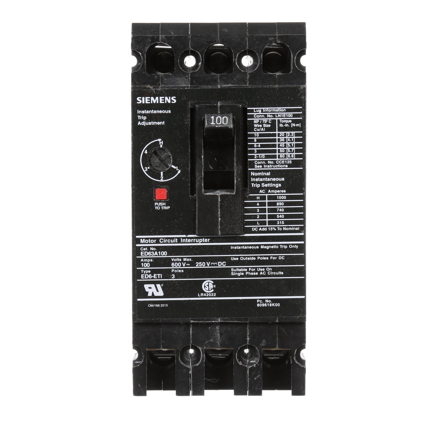 Siemens ED63A100 Molded Case Circuit Breaker | 600V 100A 3P 25kA@480V Bolt-On Sentron Series