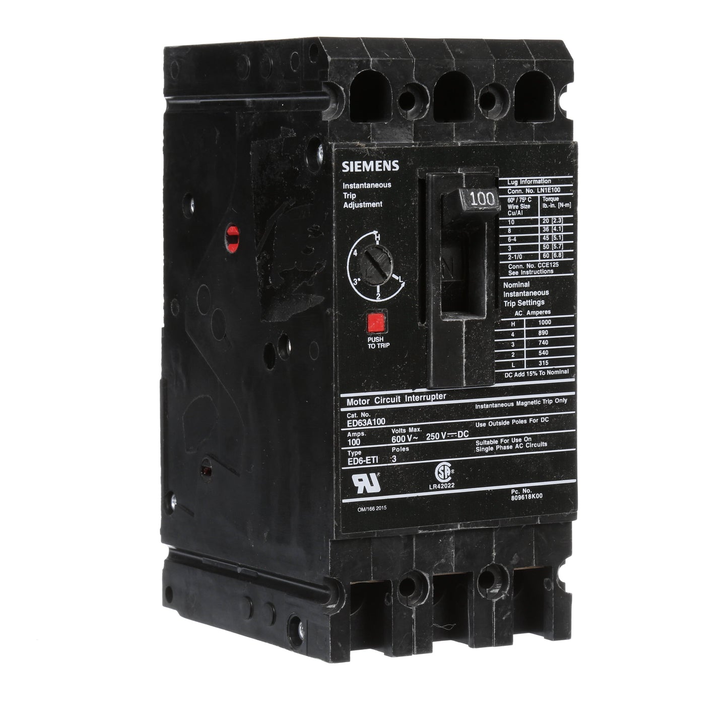 Siemens ED63A100 Molded Case Circuit Breaker | 600V 100A 3P 25kA@480V Bolt-On Sentron Series