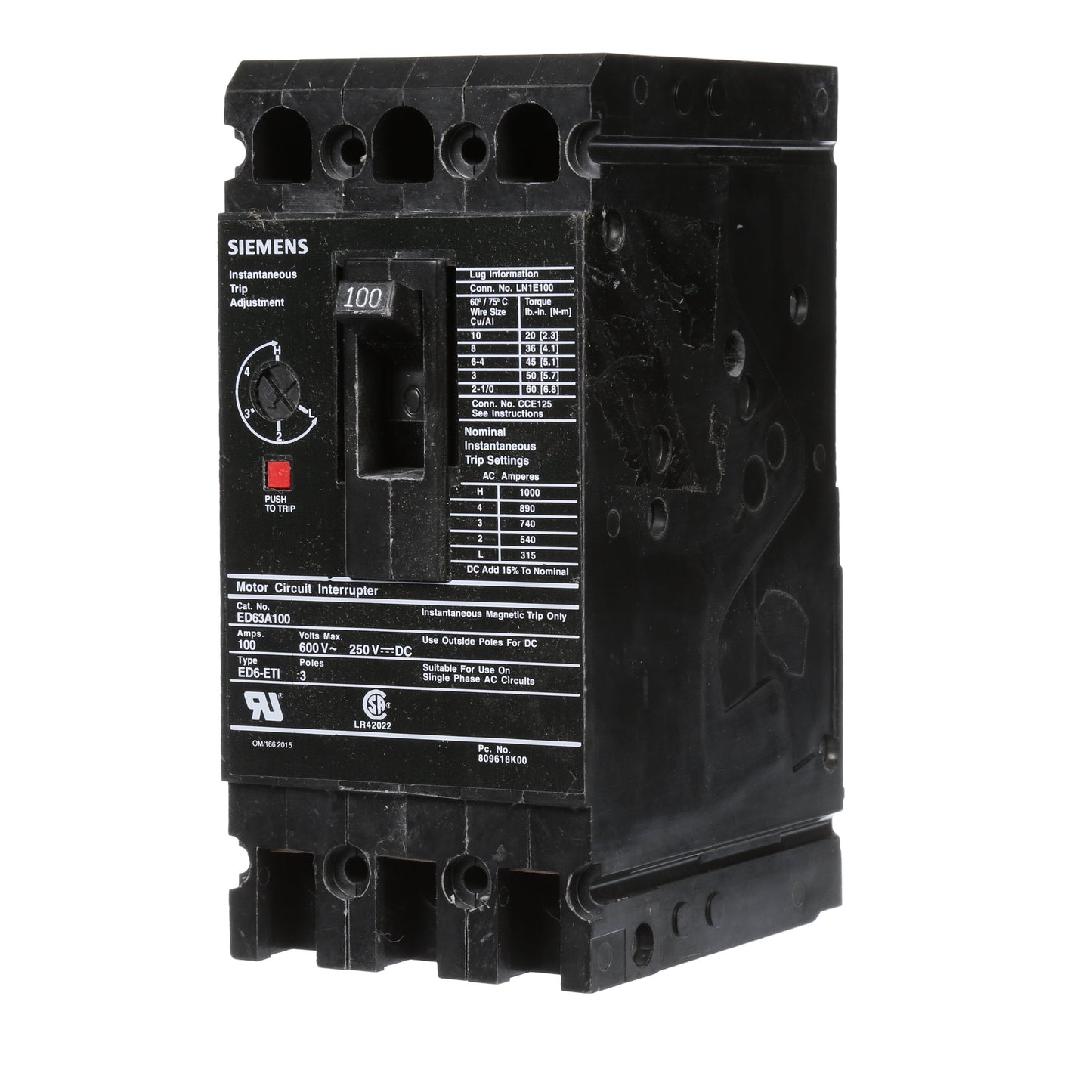 Siemens ED63A100 Molded Case Circuit Breaker | 600V 100A 3P 25kA@480V Bolt-On Sentron Series