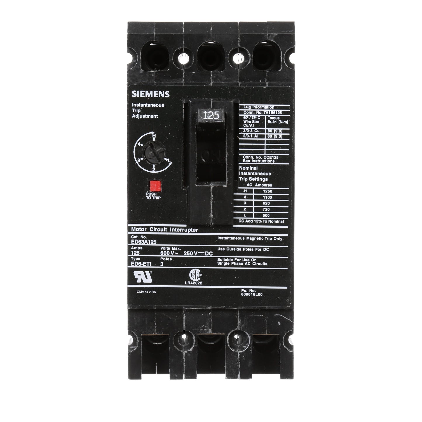 Siemens ED63A125 Molded Case Circuit Breaker | 600V 125A 3P 25kA@480V Bolt-On Sentron Series