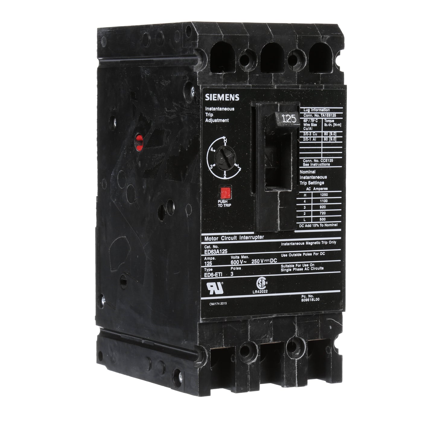 Siemens ED63A125 Molded Case Circuit Breaker | 600V 125A 3P 25kA@480V Bolt-On Sentron Series