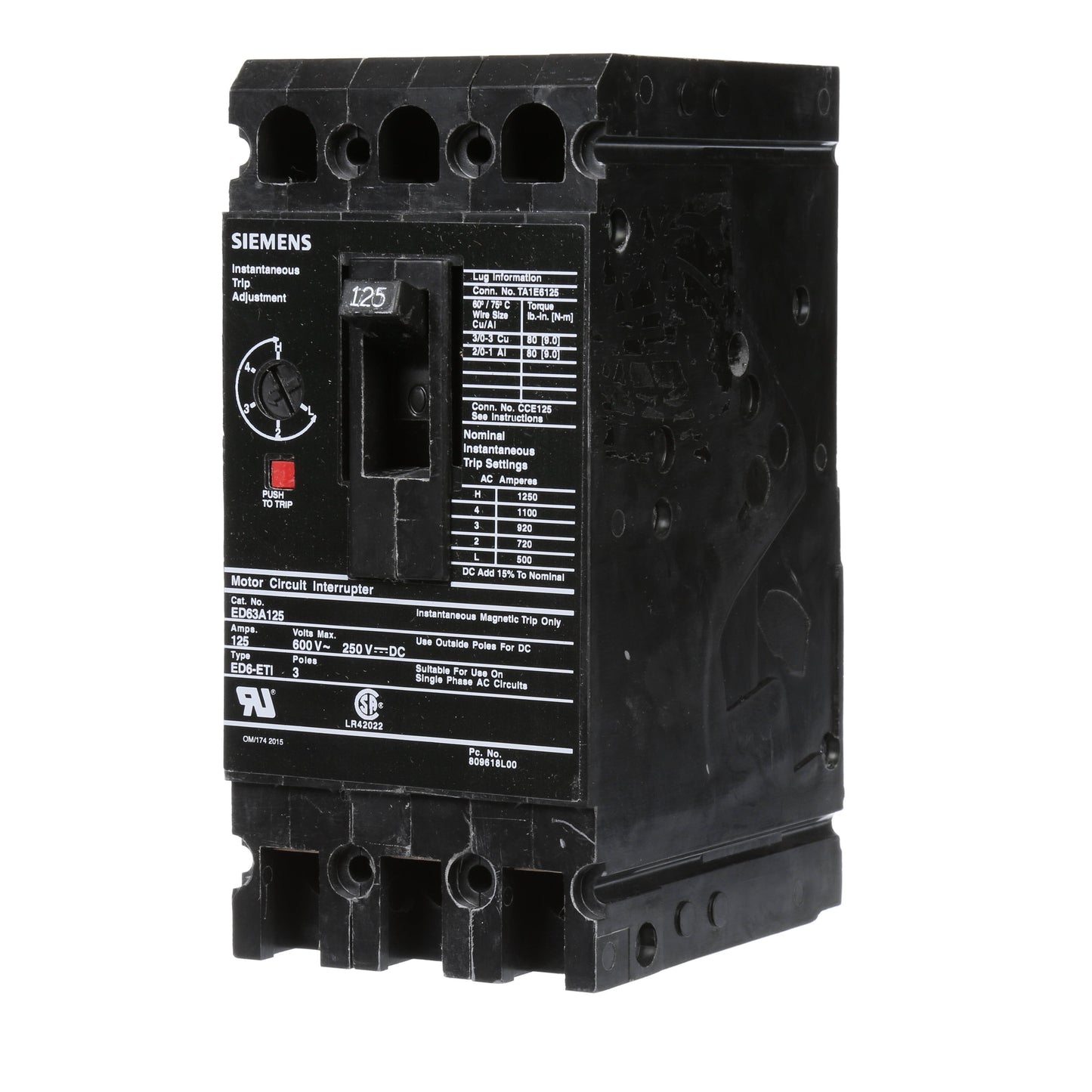 Siemens ED63A125 Molded Case Circuit Breaker | 600V 125A 3P 25kA@480V Bolt-On Sentron Series