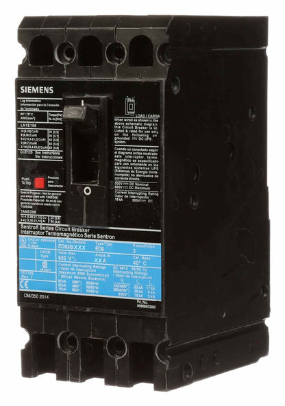 Siemens ED63B015 Molded Case Circuit Breaker | 600V 15A 3P 25kA@480V Bolt-On Sentron Series