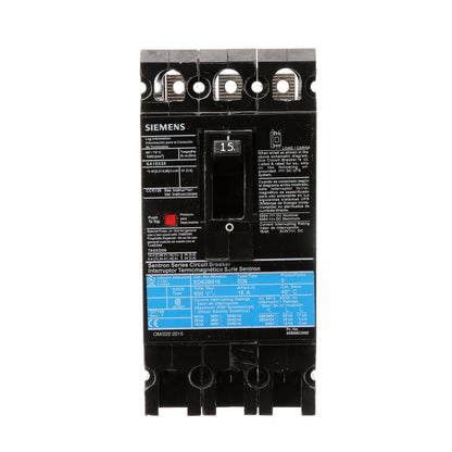 Siemens ED63B015 Molded Case Circuit Breaker | 600V 15A 3P 25kA@480V Bolt-On Sentron Series