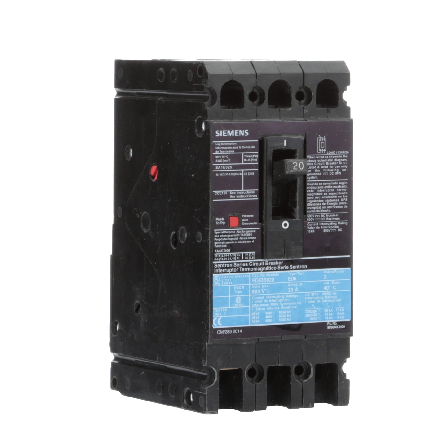 Siemens ED63B020L Circuit Breaker | 600V 20A 3P 25kA@480V Feed-Thru Sentron Series