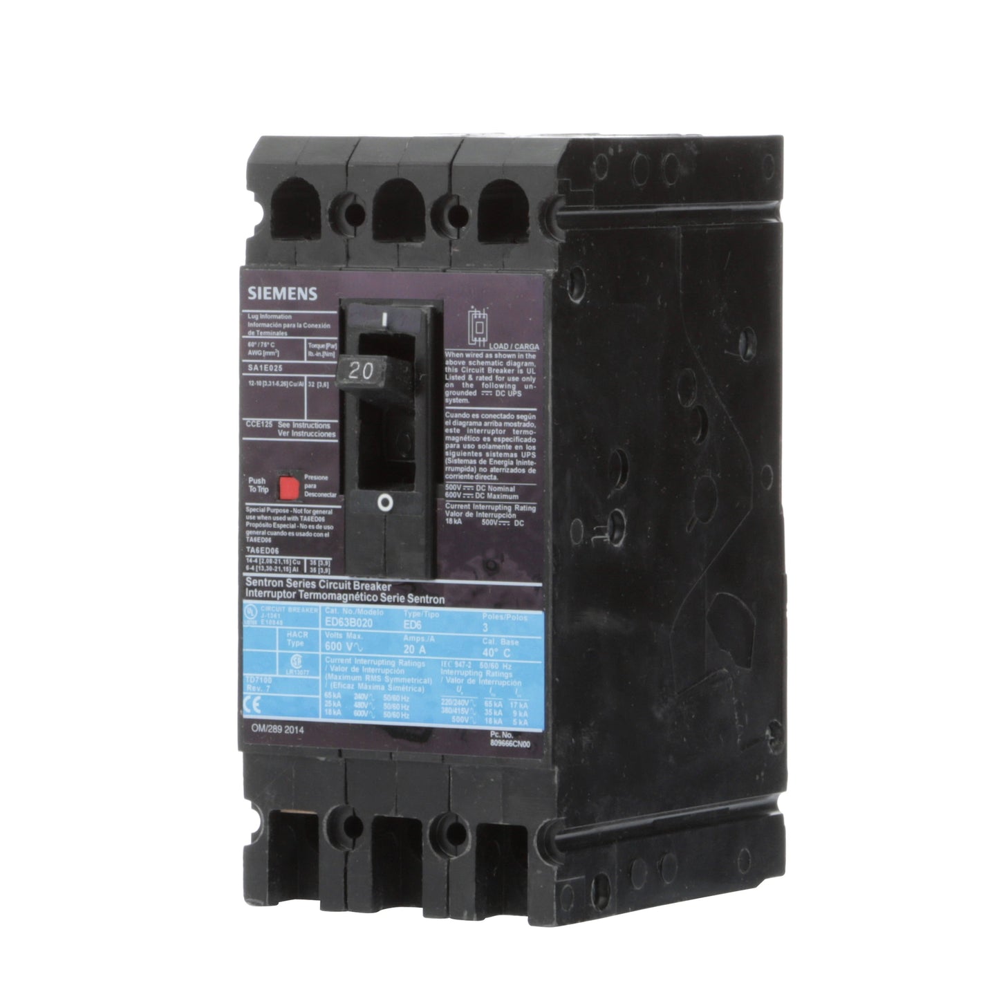 Siemens ED63B020L Circuit Breaker | 600V 20A 3P 25kA@480V Feed-Thru Sentron Series