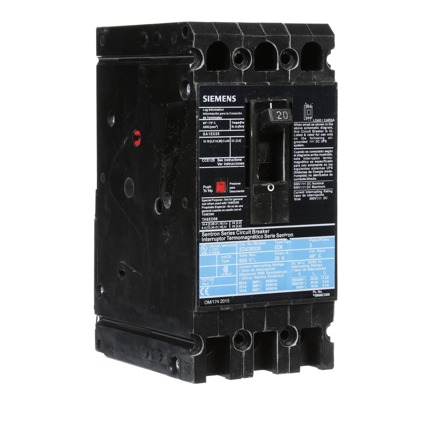 Siemens ED63B020 Circuit Breaker | 600V 20A 3P 25kA@480V Bolt-On Sentron Series