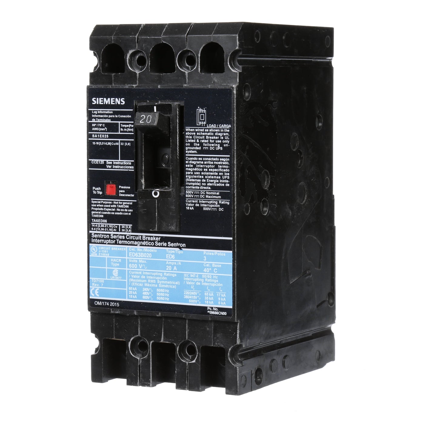 Siemens ED63B020 Circuit Breaker | 600V 20A 3P 25kA@480V Bolt-On Sentron Series