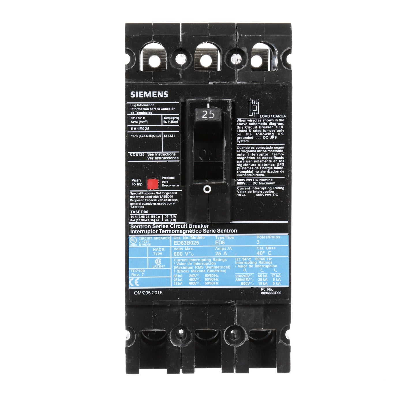 Siemens ED63B025 Circuit Breaker | 600V 25A 3P 25kA@480V Bolt-On Sentron Series
