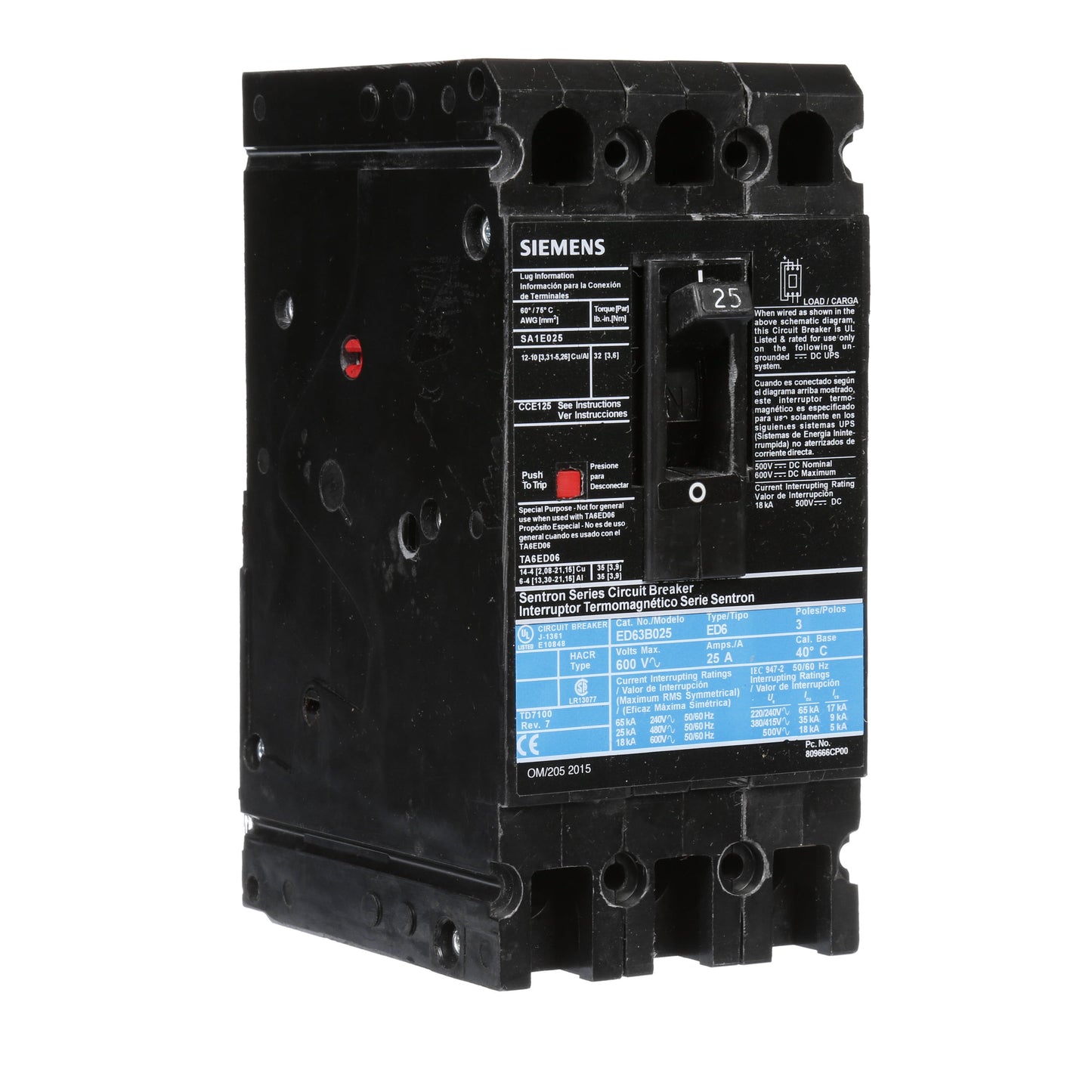 Siemens ED63B025 Circuit Breaker | 600V 25A 3P 25kA@480V Bolt-On Sentron Series