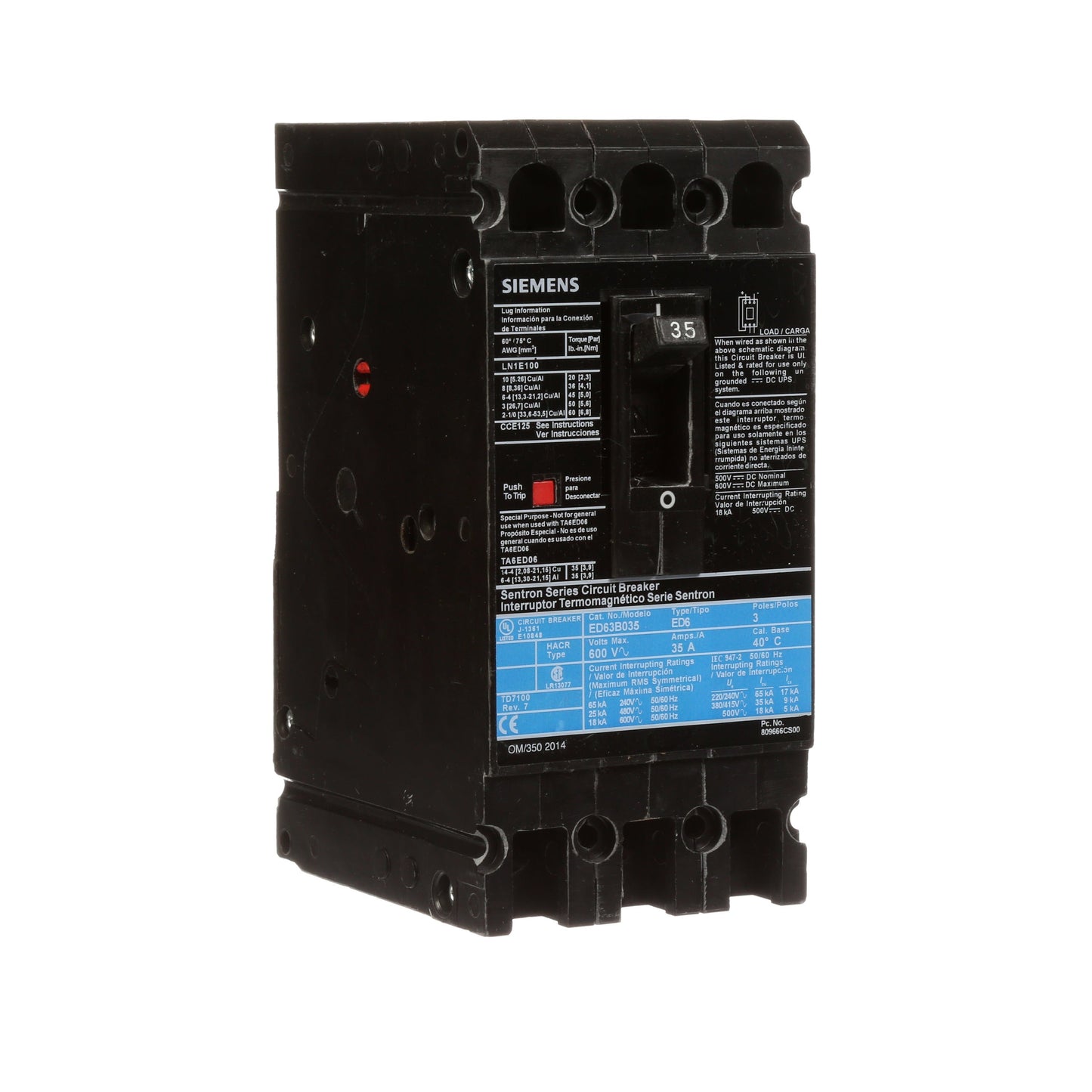 Siemens ED63B035 Circuit Breaker | 600V 35A 3P 25kA@480V Bolt-On Sentron Series