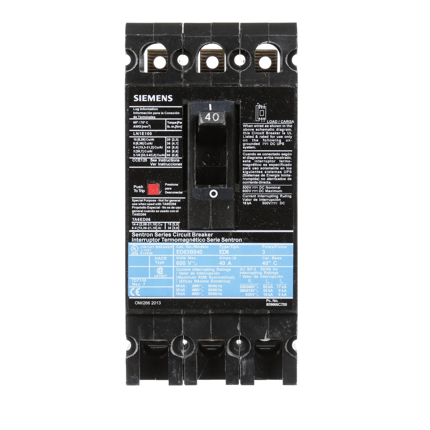 Siemens ED63B040 Circuit Breaker | 600V 40A 3P 25kA@480V Bolt-On Sentron Series