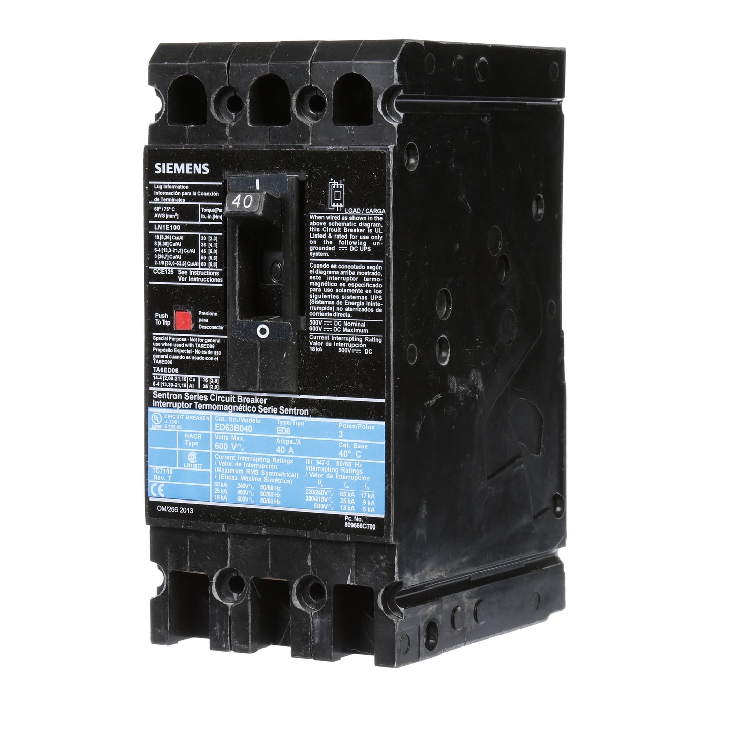 Siemens ED63B040 Circuit Breaker | 600V 40A 3P 25kA@480V Bolt-On Sentron Series