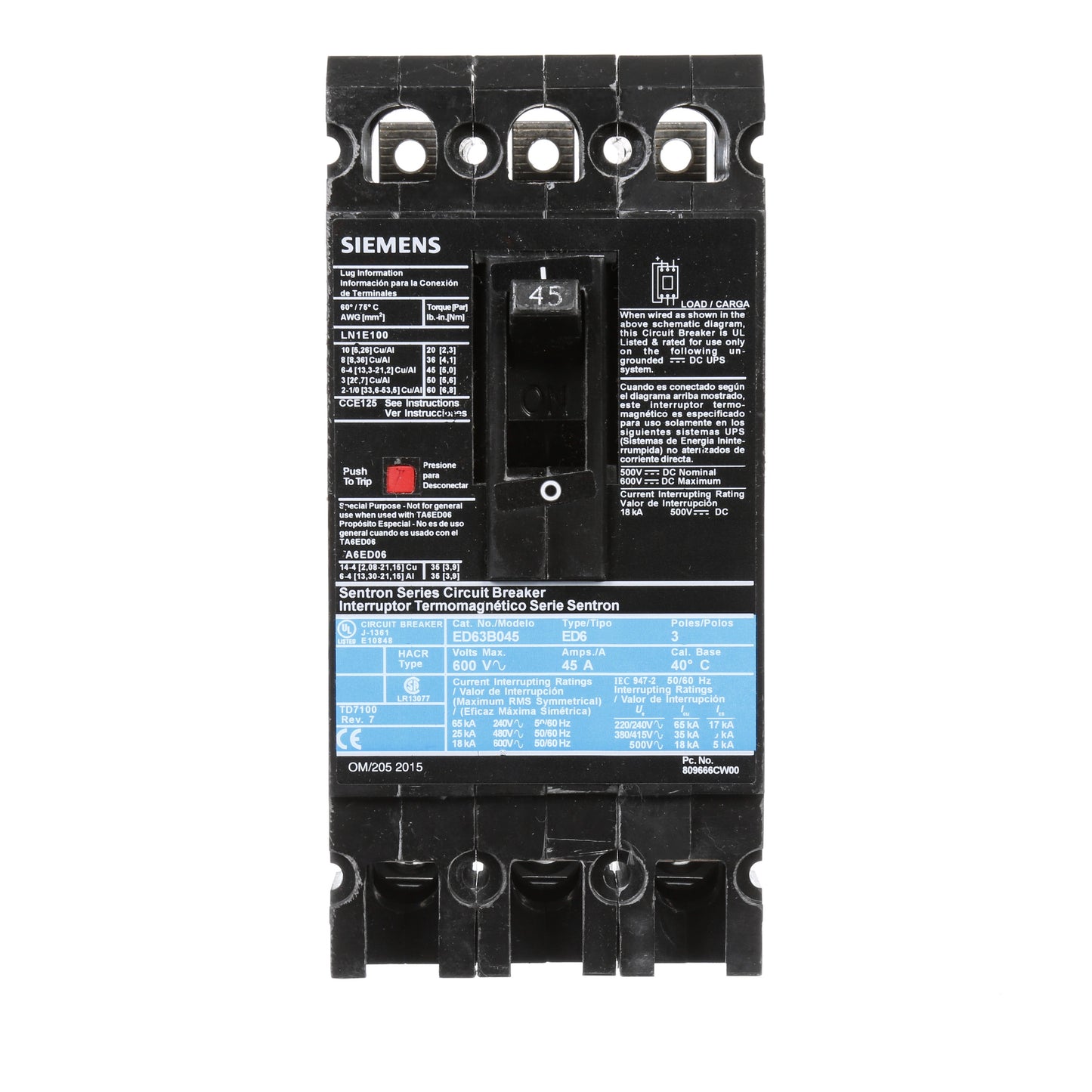 Siemens ED63B045 Circuit Breaker | 600V 45A 3P 25kA@480V Bolt-On Sentron Series