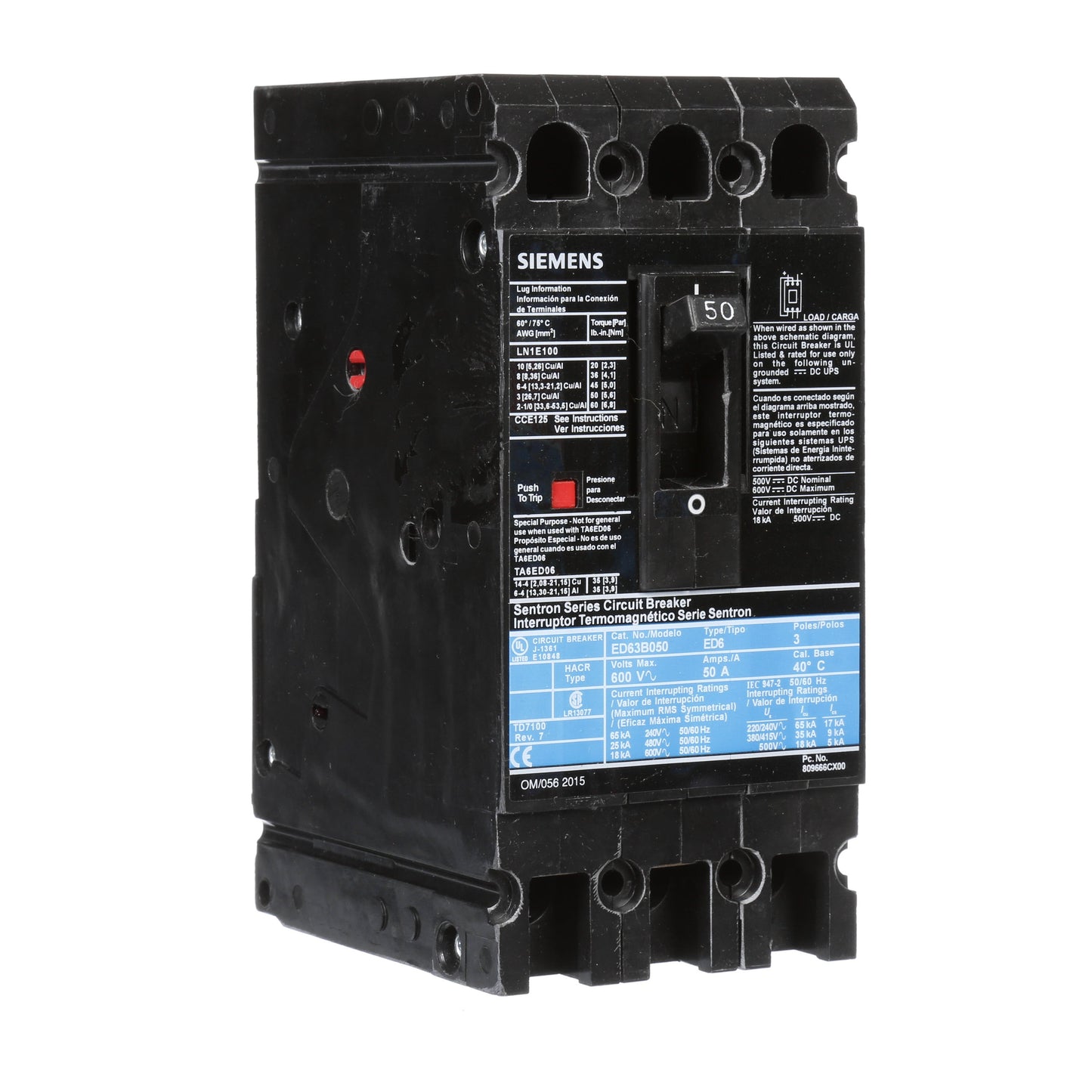 Siemens ED63B050L Circuit Breaker | 600V 50A 3P 25kA@480V Feed-Thru Sentron Series
