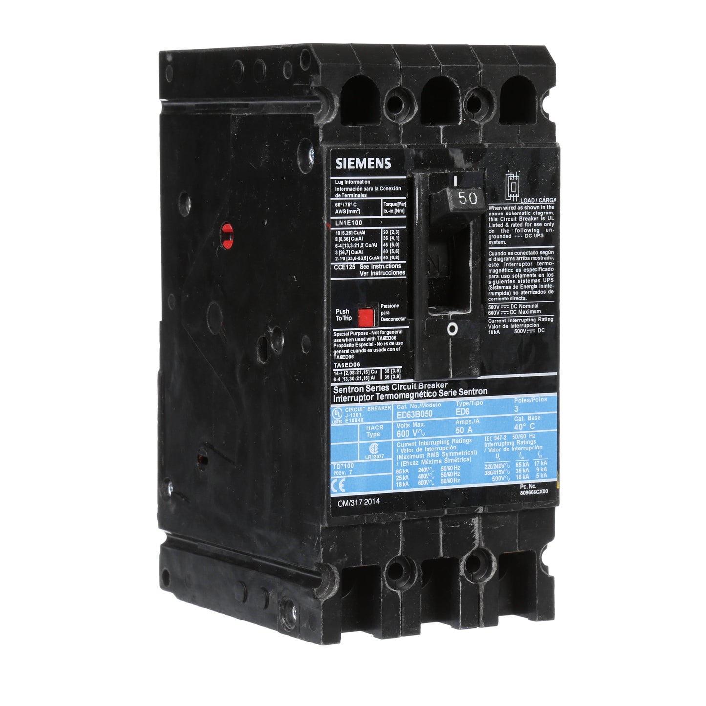 Siemens ED63B050 Molded Case Circuit Breaker | 600V 50A 3P 25kA@480V Bolt-On Sentron Series