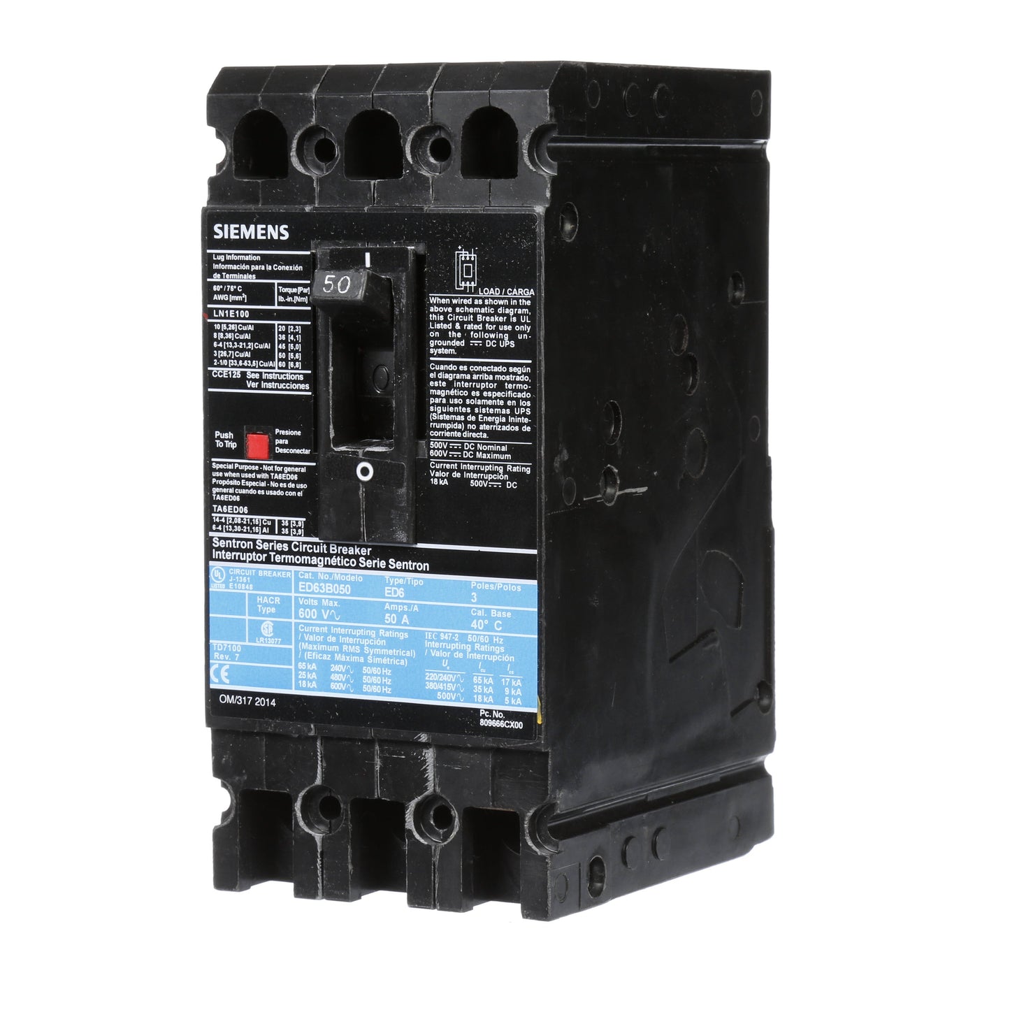 Siemens ED63B050 Molded Case Circuit Breaker | 600V 50A 3P 25kA@480V Bolt-On Sentron Series